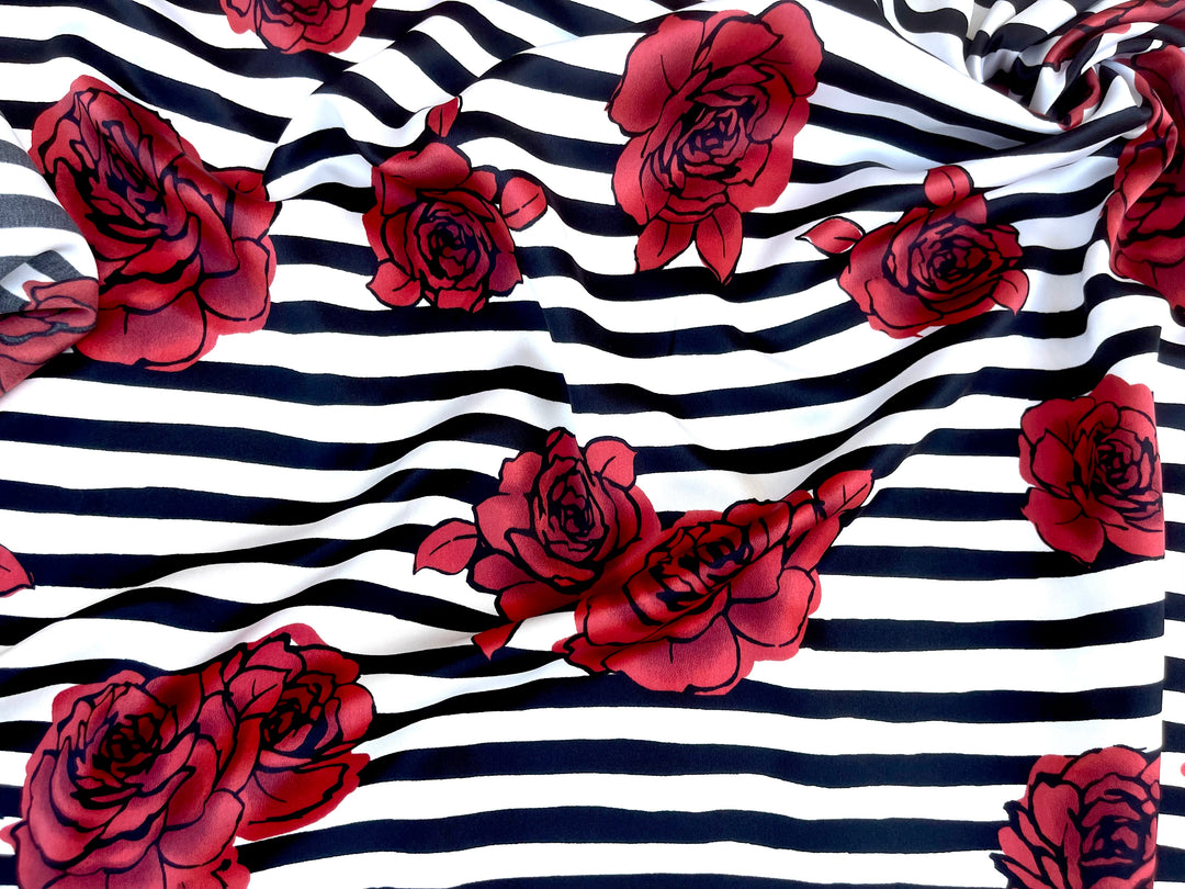 Roses and stripes  print - Silky Satin  charmeuse fabric by the yard