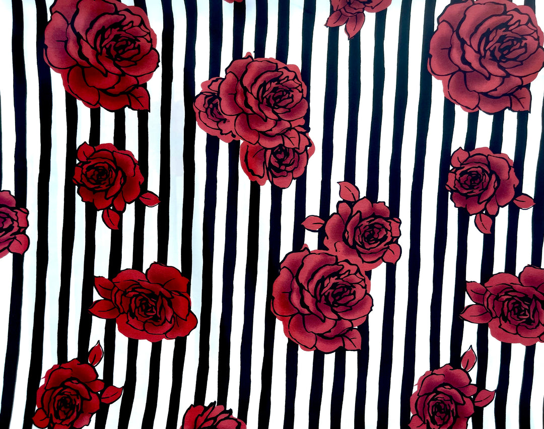 Roses and stripes  print - Silky Satin  charmeuse fabric by the yard