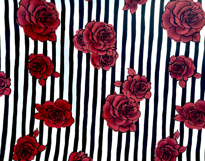 Roses and stripes  print - Silky Satin  charmeuse fabric by the yard