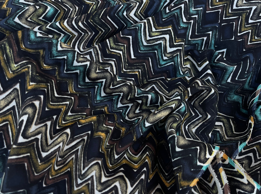 Crepe de Chine fabric by the yard -  Blue And Green Zig Zag Tribal