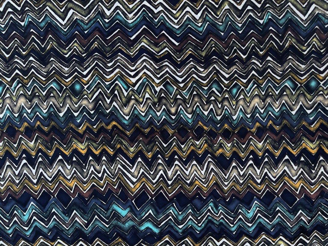 Crepe de Chine fabric by the yard -  Blue And Green Zig Zag Tribal