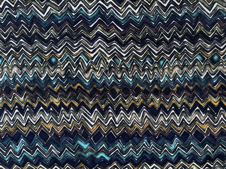 Crepe de Chine fabric by the yard -  Blue And Green Zig Zag Tribal