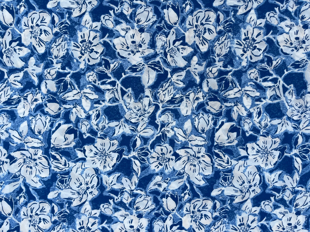 Crepe de Chine fabric by the yard - Off white and Blue floral print