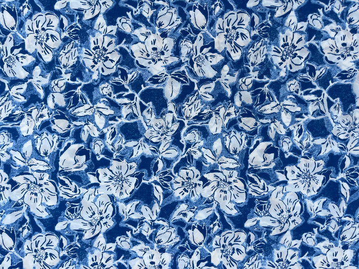 Crepe de Chine fabric by the yard - Off white and Blue floral print