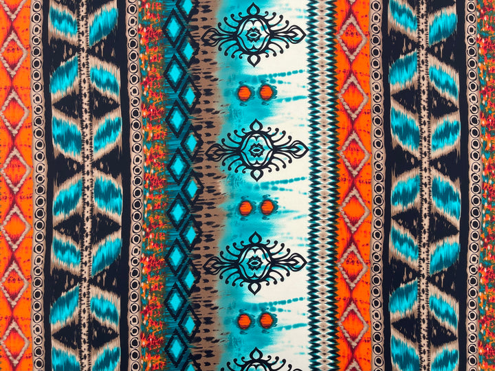 Georgette  boho tribal fabric by the yard - Orange  turquoise tribal bohemian print