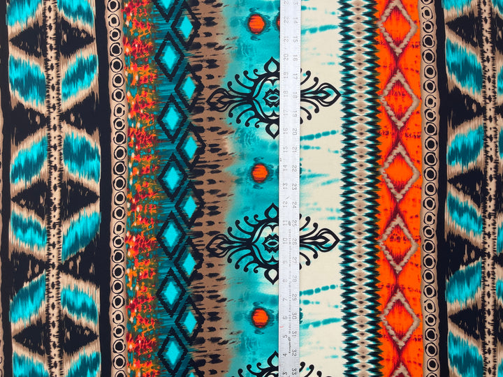 Georgette  boho tribal fabric by the yard - Orange  turquoise tribal bohemian print