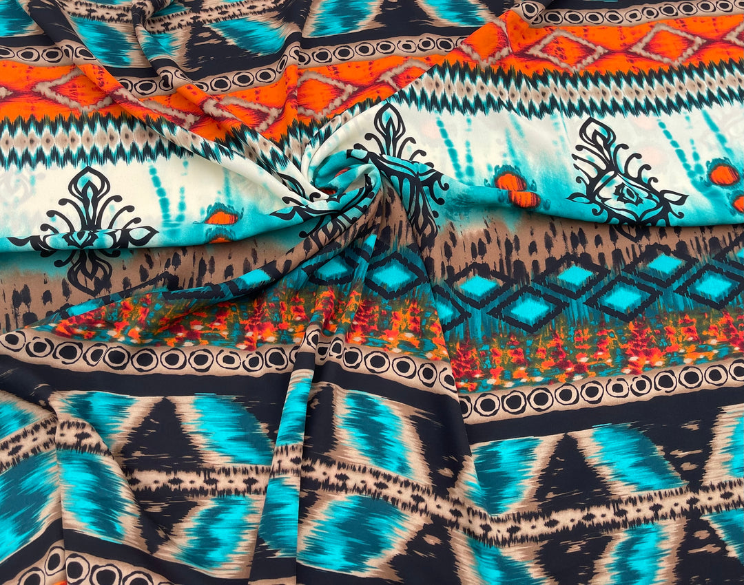 Georgette  boho tribal fabric by the yard - Orange  turquoise tribal bohemian print