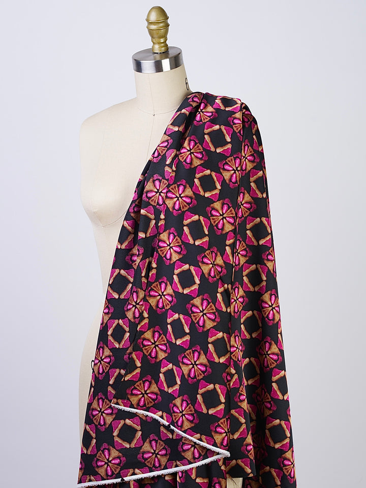 Hot pink gold and black jewels  silky  satin by the yard - Lightweight  satin  fabric -