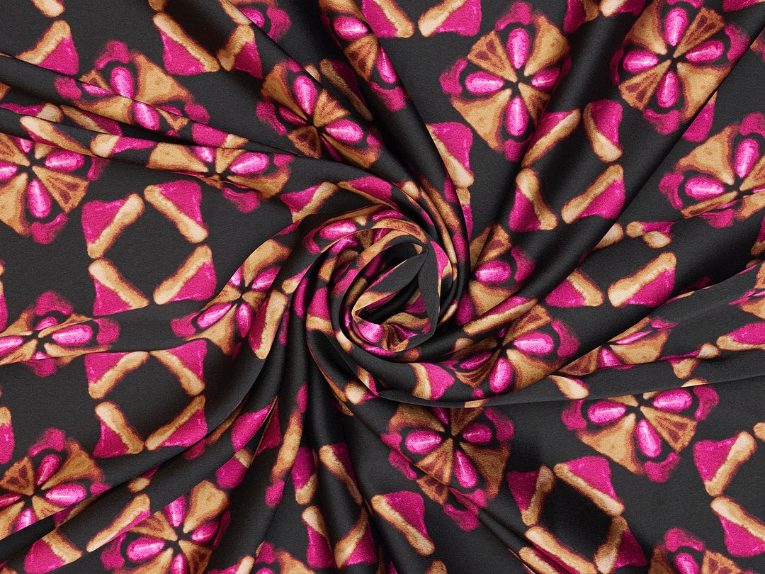 Hot pink gold and black jewels  silky  satin by the yard - Lightweight  satin  fabric -