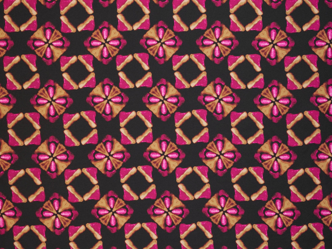 Hot pink gold and black jewels  silky  satin by the yard - Lightweight  satin  fabric -