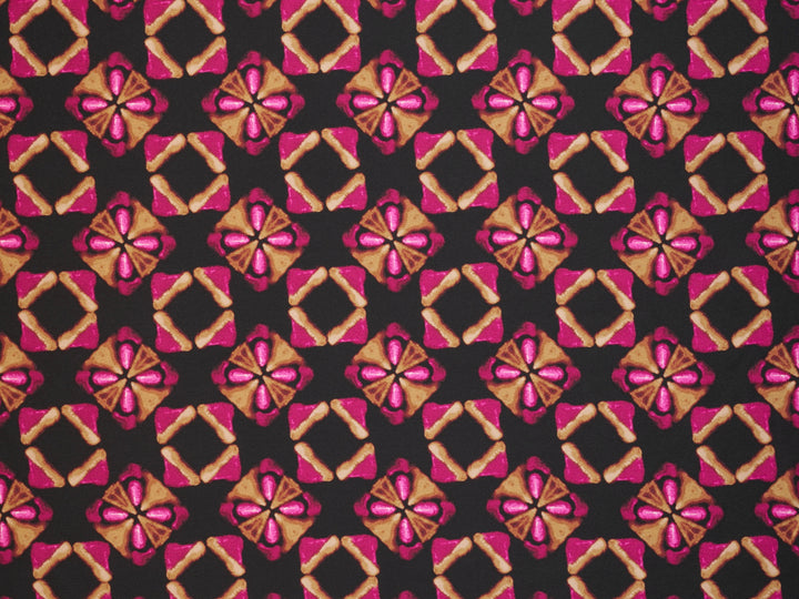 Hot pink gold and black jewels  silky  satin by the yard - Lightweight  satin  fabric -