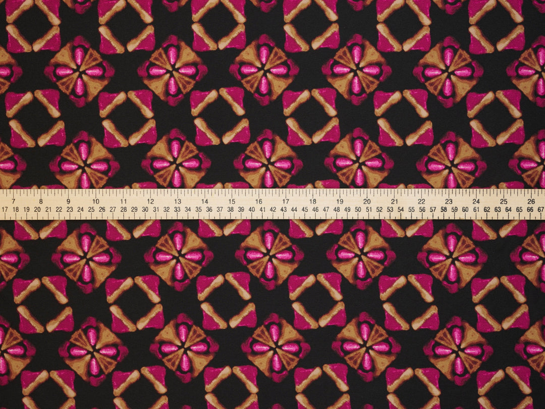 Hot pink gold and black jewels  silky  satin by the yard - Lightweight  satin  fabric -
