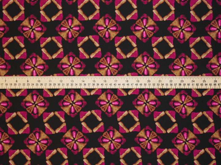 Hot pink gold and black jewels  silky  satin by the yard - Lightweight  satin  fabric -
