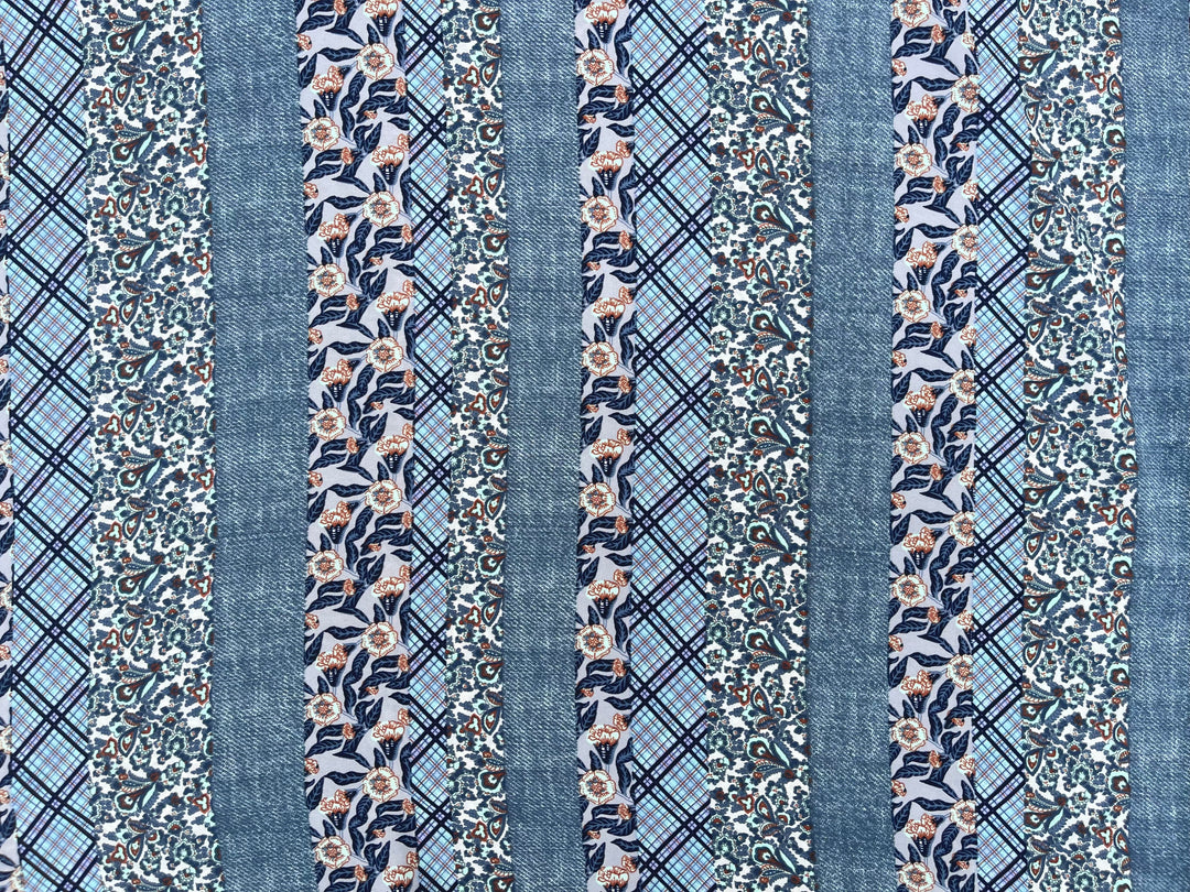 Tribal Boho Woolpeach  fabric by the yard - Denim floral and paisley striped pattern