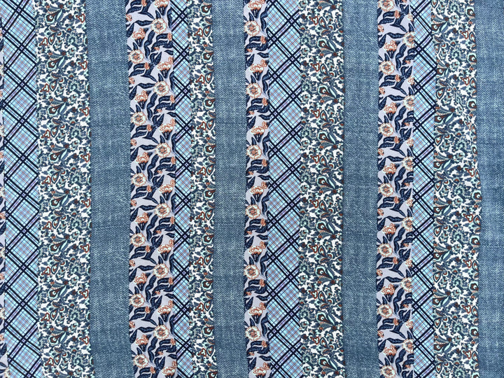 Tribal Boho Woolpeach  fabric by the yard - Denim floral and paisley striped pattern