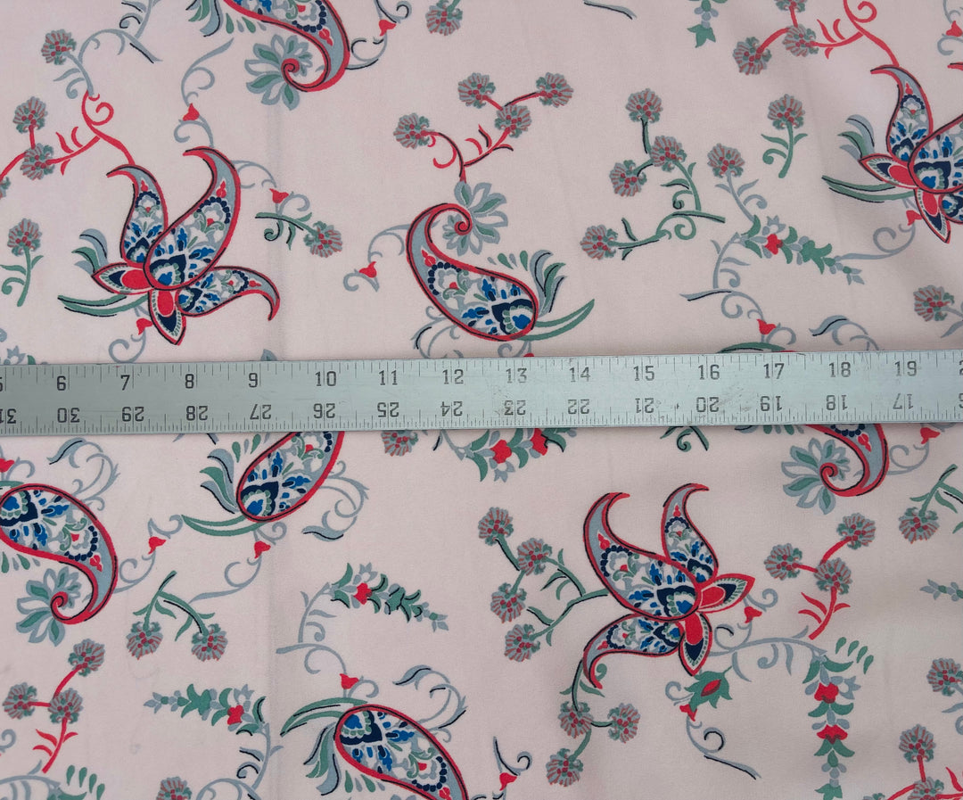 Light pink with green and red paisley floral  boho pattern - georgette  fabric by the yard