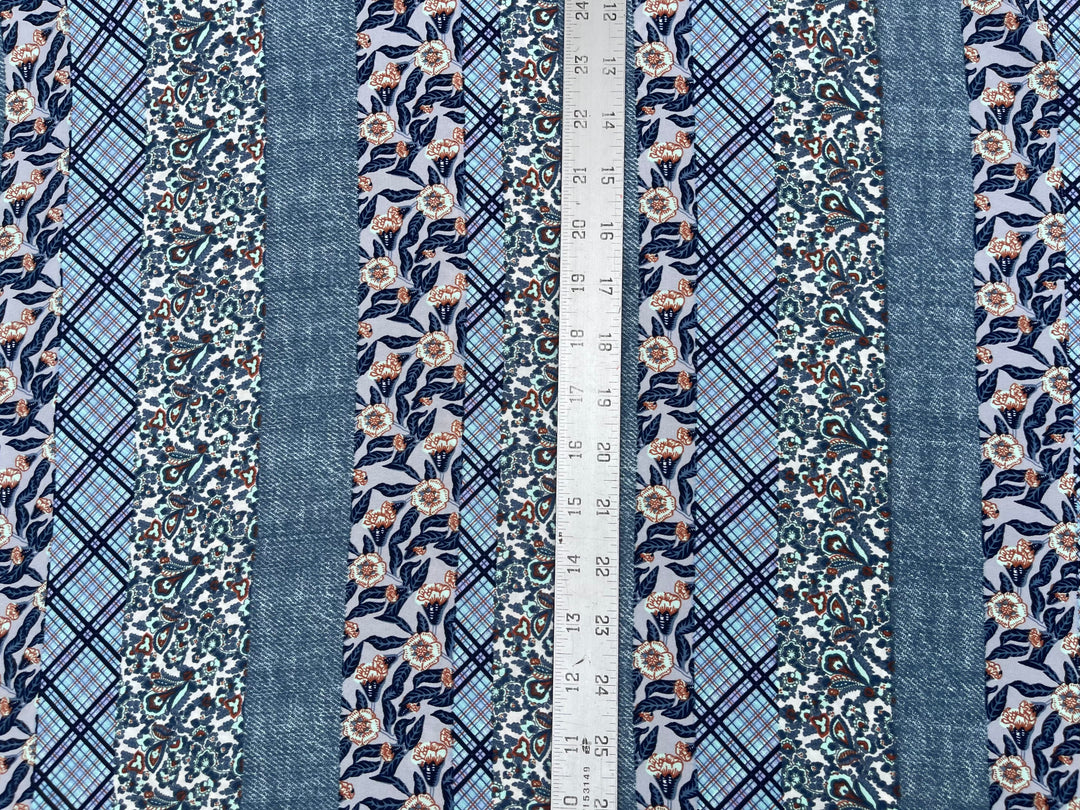 Tribal Boho Woolpeach  fabric by the yard - Denim floral and paisley striped pattern