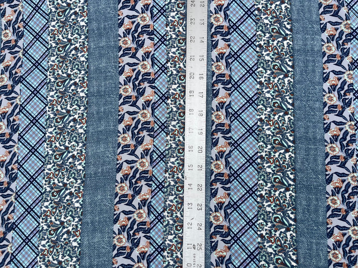 Tribal Boho Woolpeach  fabric by the yard - Denim floral and paisley striped pattern