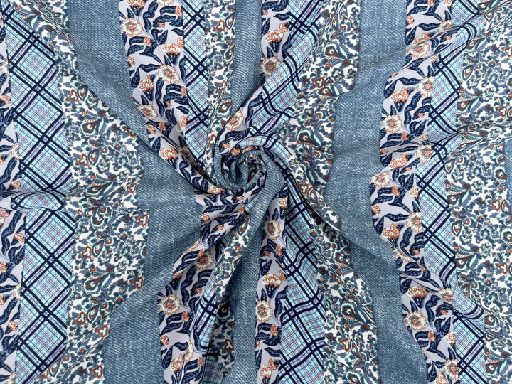 Tribal Boho Woolpeach  fabric by the yard - Denim floral and paisley striped pattern