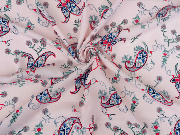 Light pink with green and red paisley floral  boho pattern - georgette  fabric by the yard