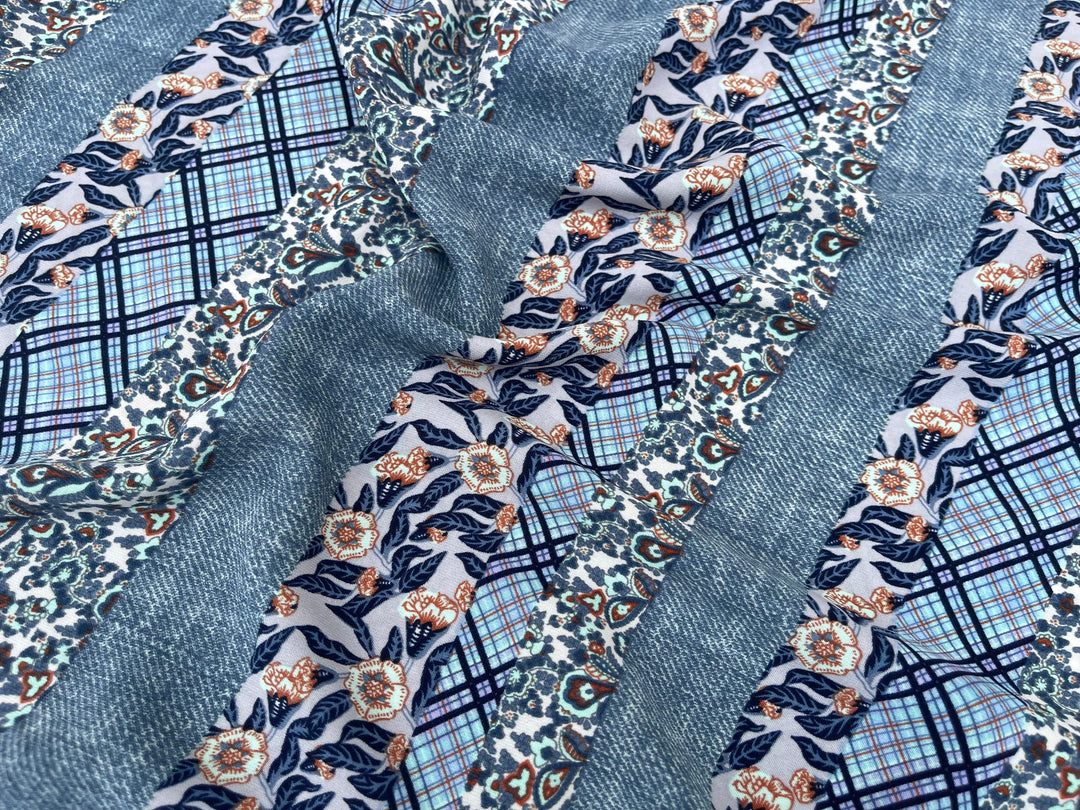 Tribal Boho Woolpeach  fabric by the yard - Denim floral and paisley striped pattern