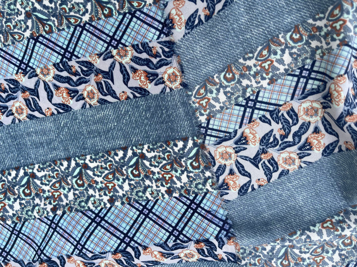 Tribal Boho Woolpeach  fabric by the yard - Denim floral and paisley striped pattern