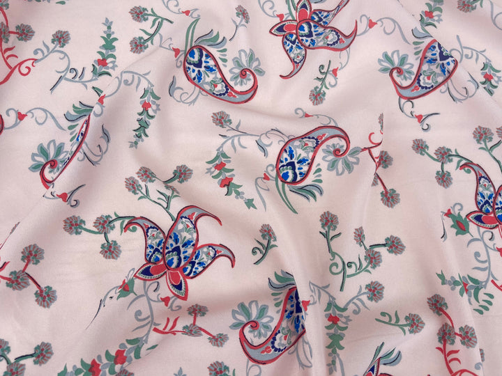 Light pink with green and red paisley floral  boho pattern - georgette  fabric by the yard