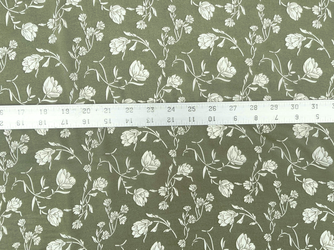 Sage green and off white floral  print  - Chiffon fabric by the yard