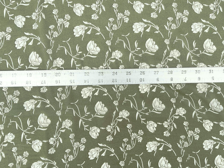Sage green and off white floral  print  - Chiffon fabric by the yard