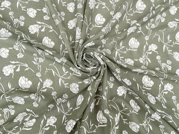Sage green and off white floral  print  - Chiffon fabric by the yard