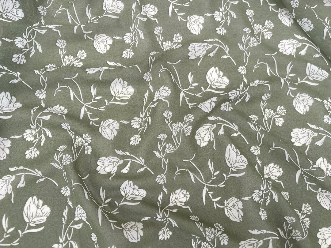 Sage green and off white floral  print  - Chiffon fabric by the yard