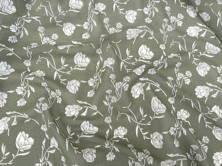 Sage green and off white floral  print  - Chiffon fabric by the yard