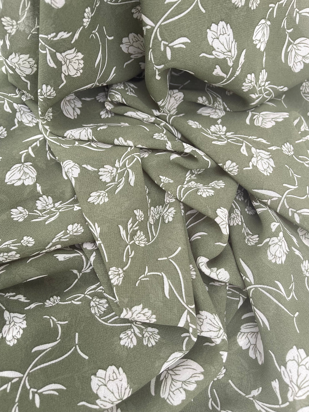 Sage green and off white floral  print  - Chiffon fabric by the yard