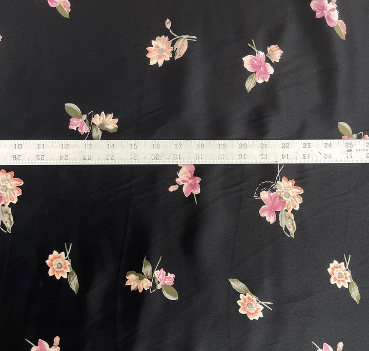 Small pink   flowers on black    print - Satin  charmeuse fabric by the yard