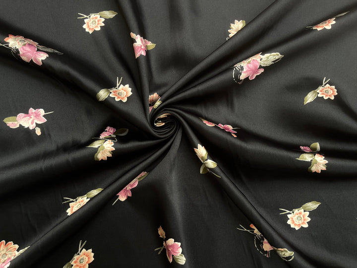 Small pink   flowers on black    print - Satin  charmeuse fabric by the yard