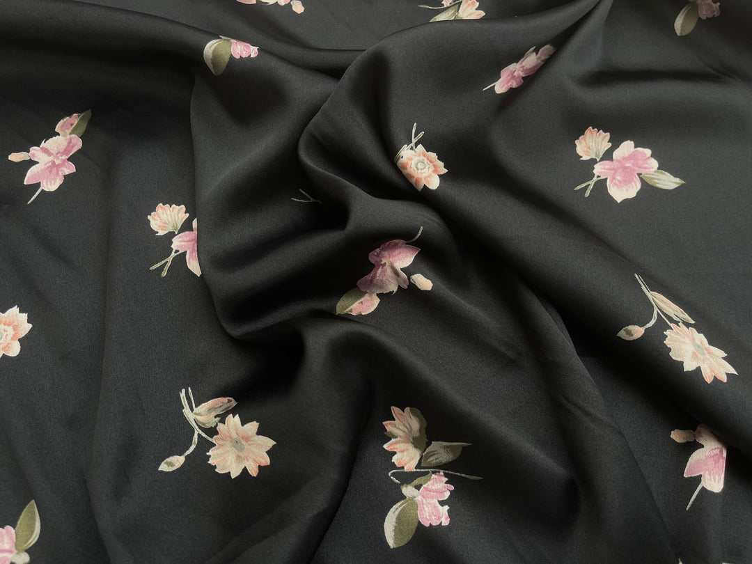Small pink   flowers on black    print - Satin  charmeuse fabric by the yard