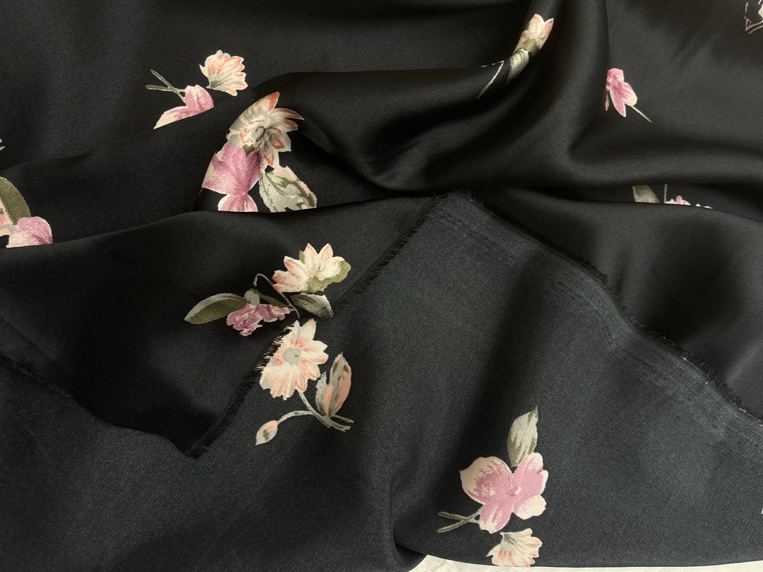 Small pink   flowers on black    print - Satin  charmeuse fabric by the yard