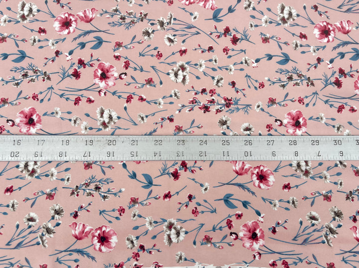 Pink blue and red floral nature print -  Woolpeach fabric by the yard - soft flowy fabric