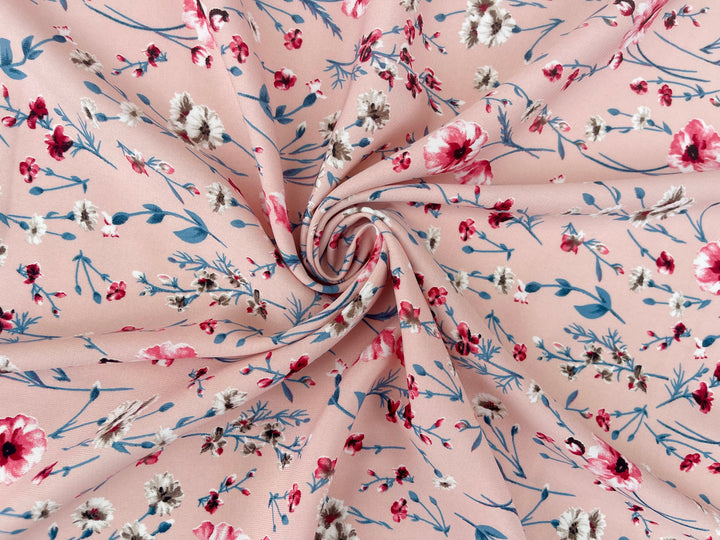 Pink blue and red floral nature print -  Woolpeach fabric by the yard - soft flowy fabric