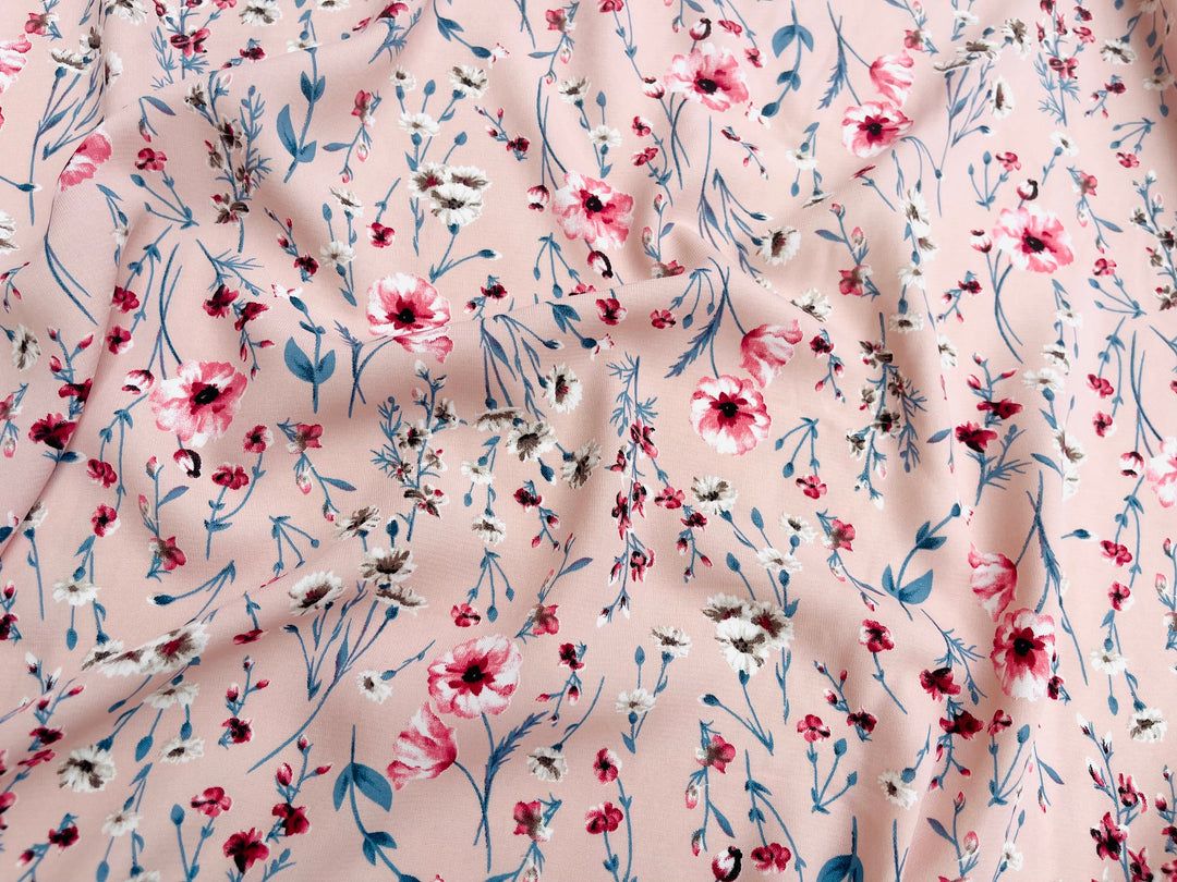 Pink blue and red floral nature print -  Woolpeach fabric by the yard - soft flowy fabric