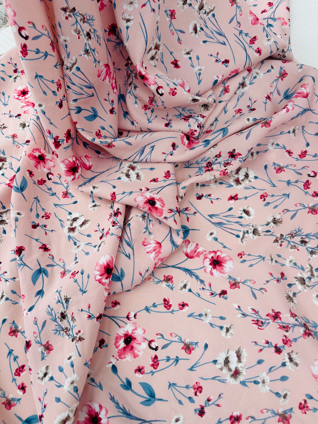 Pink blue and red floral nature print -  Woolpeach fabric by the yard - soft flowy fabric
