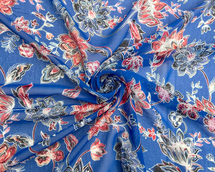Red and Blue  floral  print  - Chiffon fabric by the yard