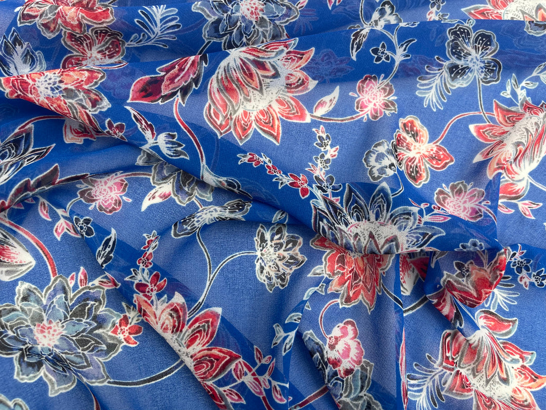 Red and Blue  floral  print  - Chiffon fabric by the yard