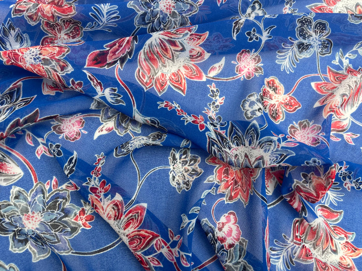 Red and Blue  floral  print  - Chiffon fabric by the yard