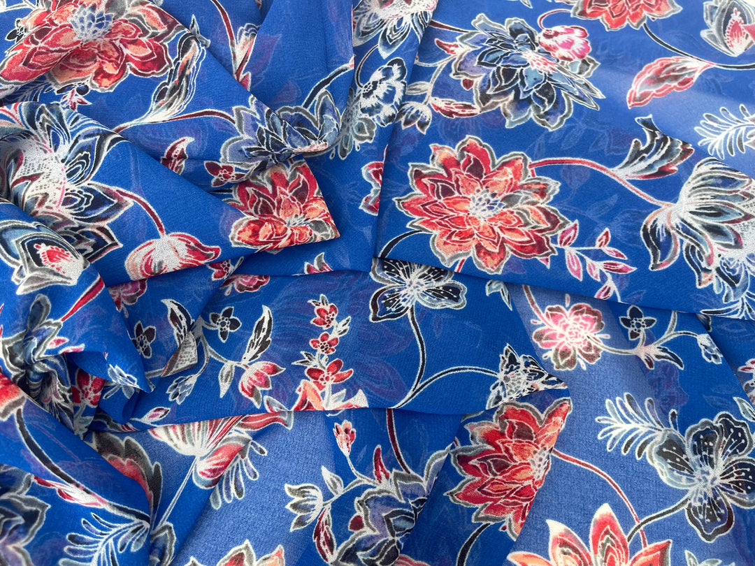 Red and Blue  floral  print  - Chiffon fabric by the yard