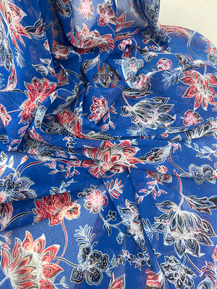 Red and Blue  floral  print  - Chiffon fabric by the yard