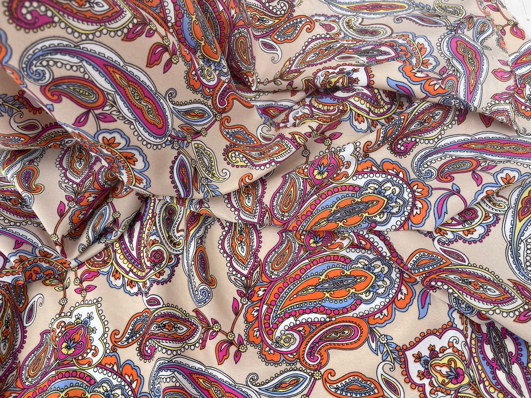 Crepe de Chine fabric by the yard -  Paisley on taupe