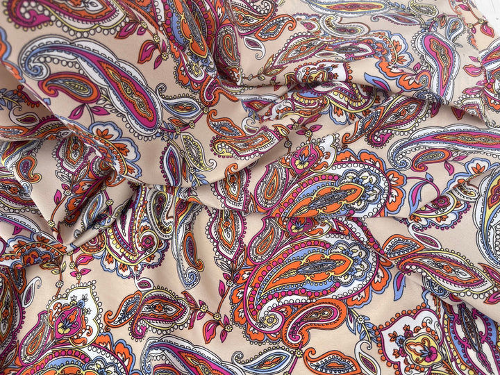 Crepe de Chine fabric by the yard -  Paisley on taupe