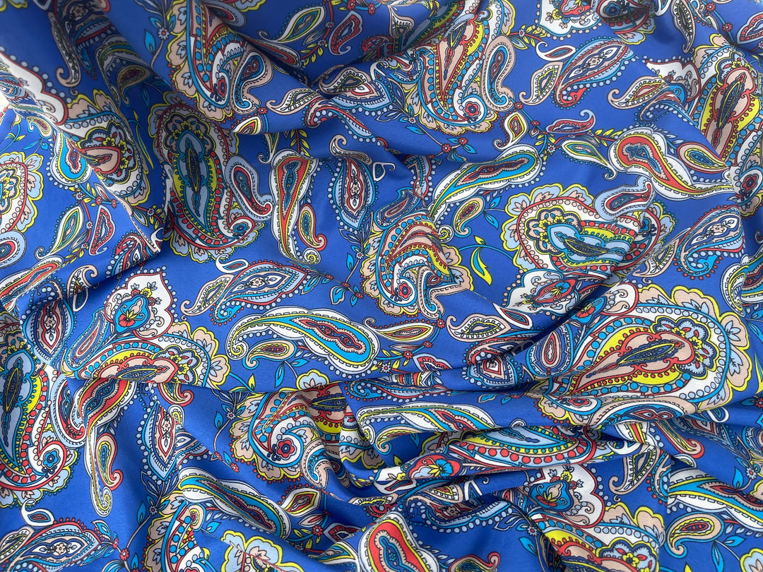 Crepe de Chine fabric by the yard -  Paisley on Royal Blue