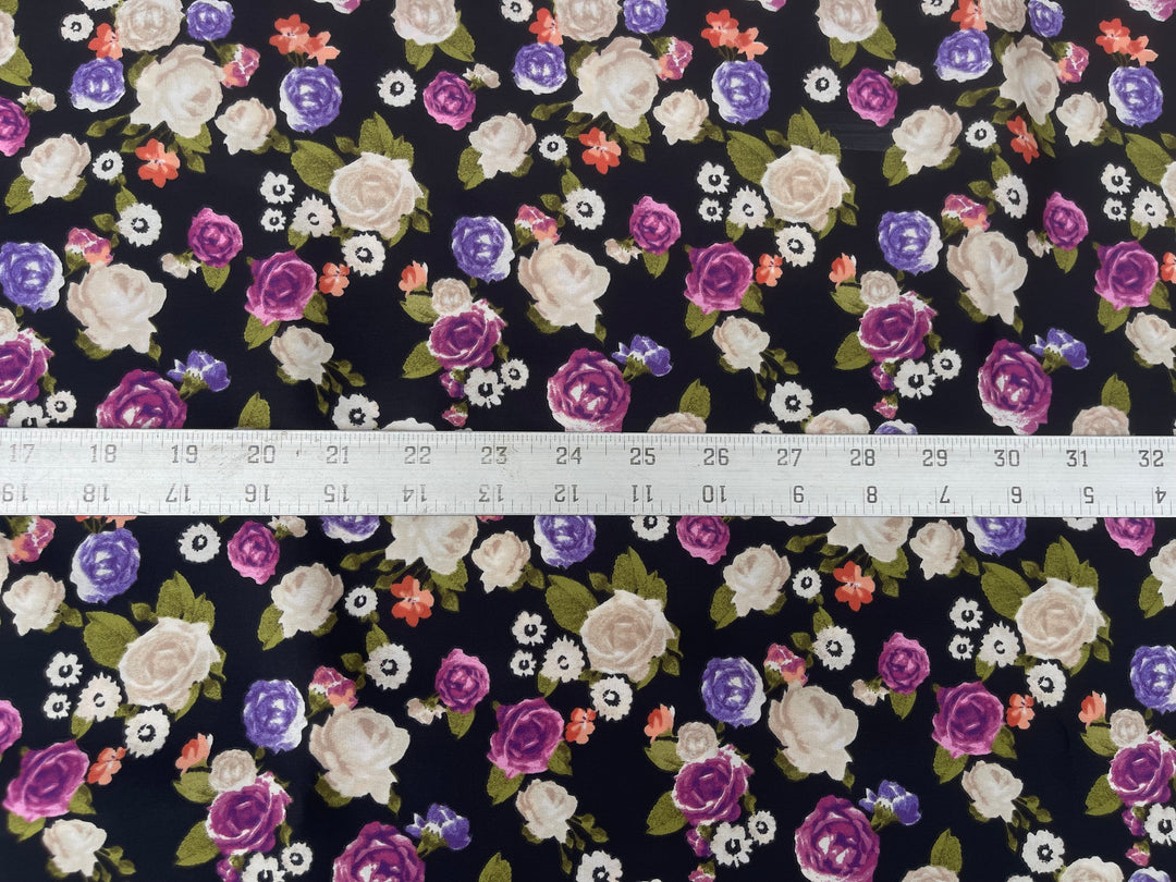 Off white and purple   floral on black  print -  silky satin  Lightweight   fabric